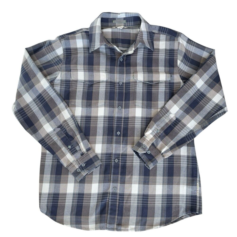 Exofficio Button Up Shirt Long Sleeve Brushed‎ Flannel Sz Large Pockets Plaid